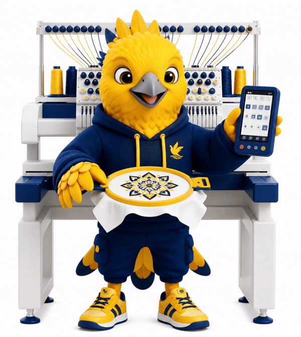 Animated preview of artwork being digitized into an embroidery stitch file and stitched out on a commercial embroidery machine