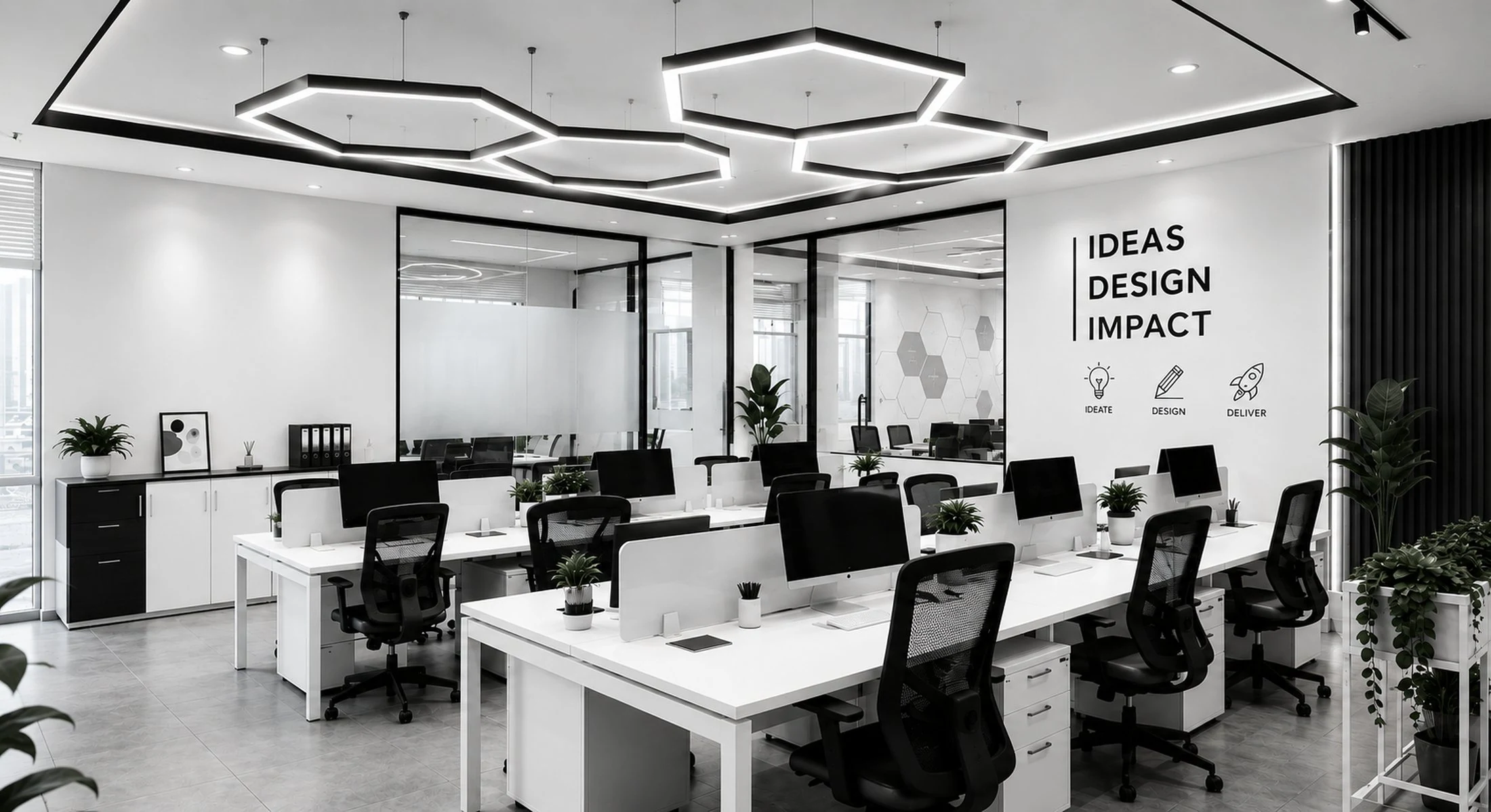 Weaver Graffic creative studio, modern open-plan office with hexagon LED ceiling design