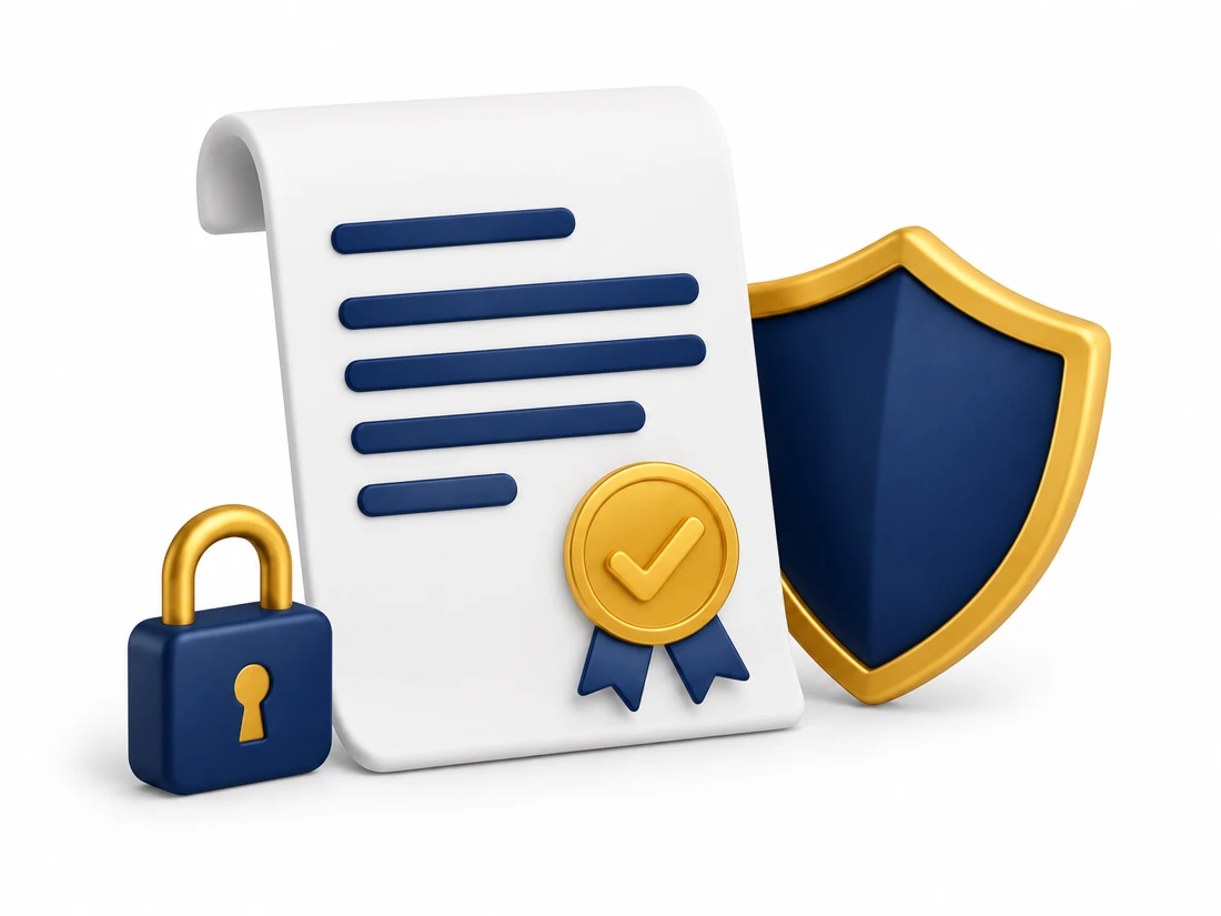 Agreement document with a gold checkmark, shield and padlock