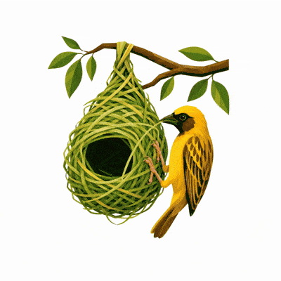 Weaver bird carefully weaving its nest, strand by strand